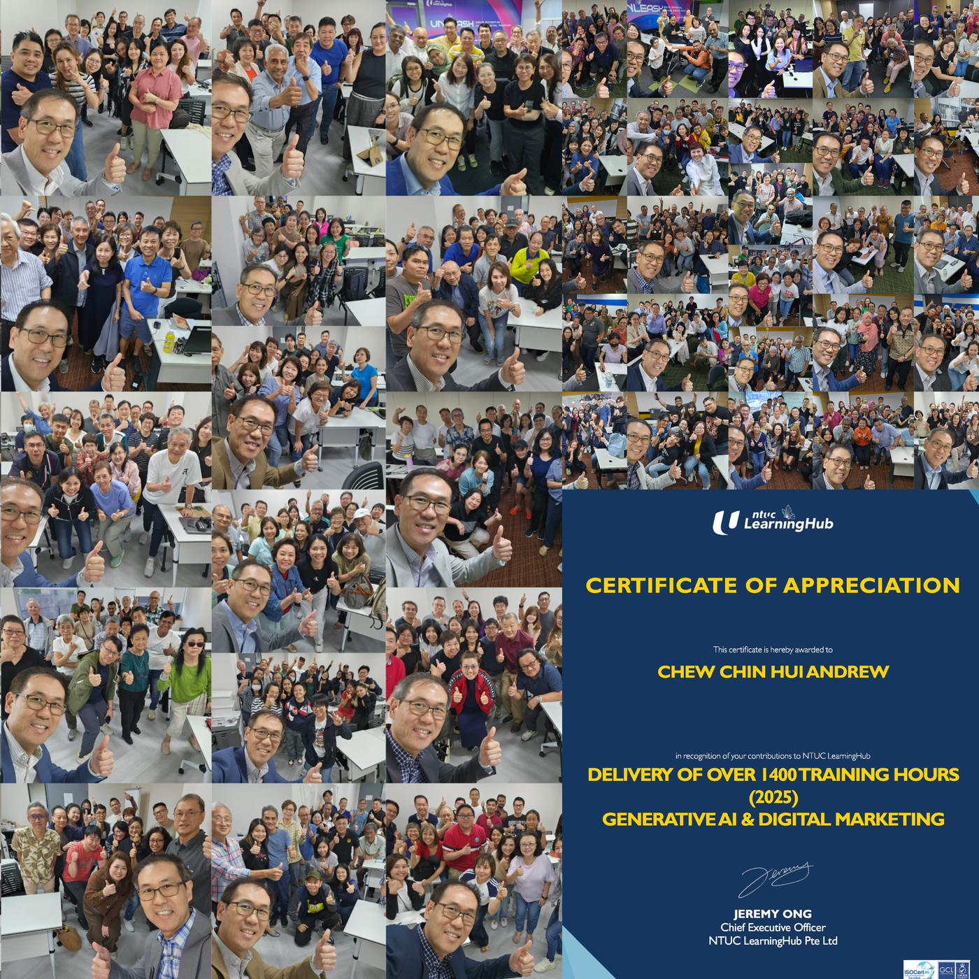 Dr. Andrew Chew with NTUC LearningHub learners — 1,400 training hours 2025